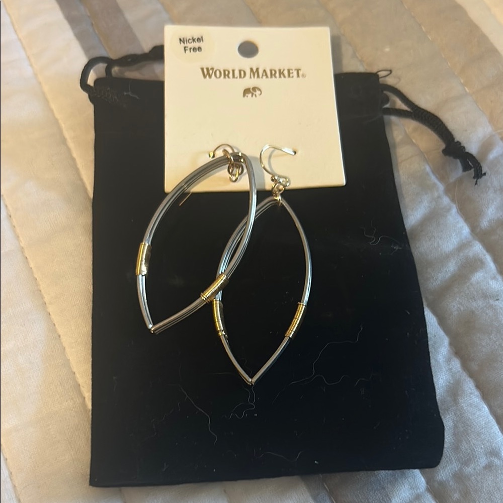 Cost Plus World Market Silver and Gold Leaf Hoop Earrings